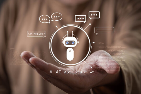 AI assistant chatbot interface with conversational technology, virtual support and intelligent communication. Digital customer service solution featuring automation, natural language processing.
