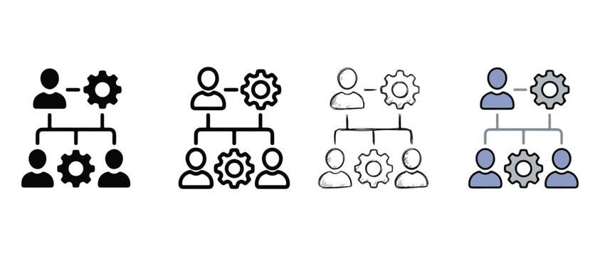 Organizational hierarchy diagrams showing team structures with gear icons representing roles and responsibilities