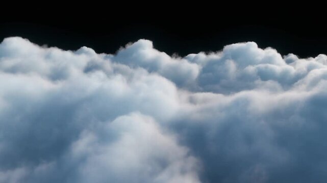 Cinematic flight over fluffy white clouds under a dark sky. 3D animation of a dense cumulus cloud layer with smooth aerial camera motion. High altitude atmosphere for travel and heaven concepts.