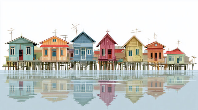 Colorful stilt houses on water, reflections in clear water, tropical coast, vibrant coastal village, scenic seascape
