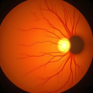Microscopic Fundus Photography of Human Retina showing Optic Disc and Blood Vessels. Detailed View of Human Eye Retina Fundus with Arteries and Optic Nerve for Medical Diagnostics.