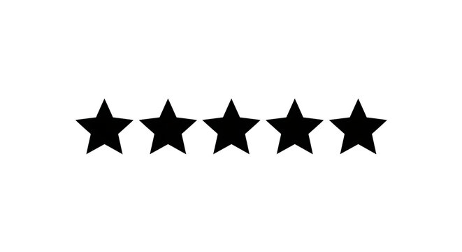 Five black stars rating icon. Isolated customer feedback review symbol on white background.