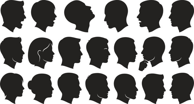 Set of black silhouette human head profiles showing male and female faces with various expressions