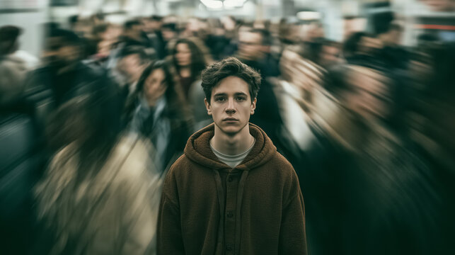 Lost in the Crowd: A young man with a somber expression stands isolated amidst a blurry, bustling crowd, embodying feelings of loneliness and existential dread in a chaotic urban environment.