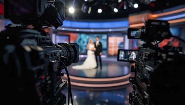Cinematic view of live news broadcast studio with cameras filming bride and groom on screen
