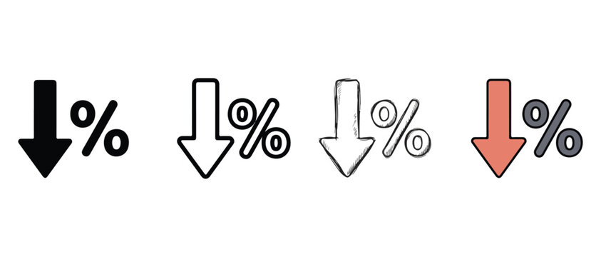 downward arrow icons combined with percentage symbols in various styles for data trends and statistics