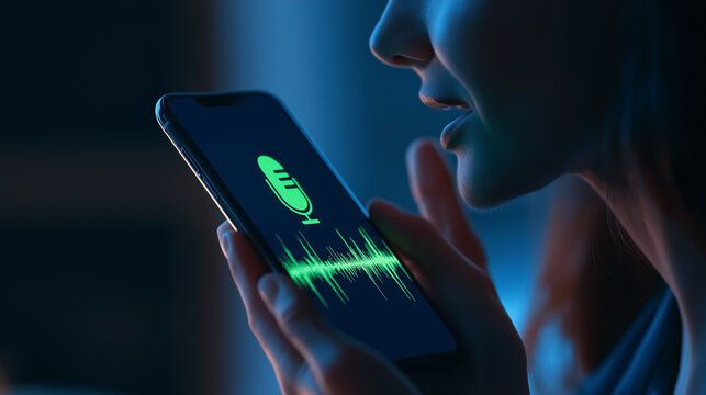 Voice Assistant Interaction: A woman's profile is illuminated by the glow of a smartphone screen as she engages with a voice assistant, its waveform visualization glowing green.