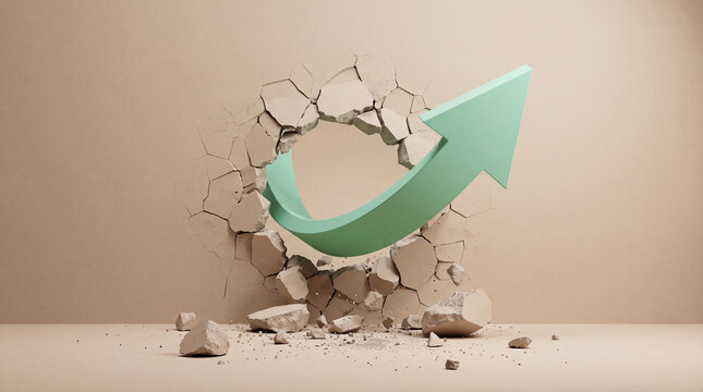 A green arrow dramatically breaks through a cracked wall, signifying breakthrough, growth, and overcoming obstacles.