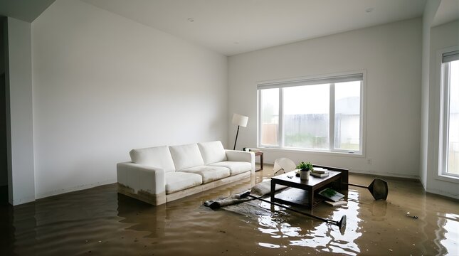 Flooded living room with muddy water damaging furniture inside a house