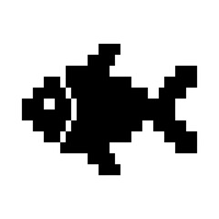 Fototapeta premium Pixelated fish silhouette icon, retro video game style, simple black and white graphic