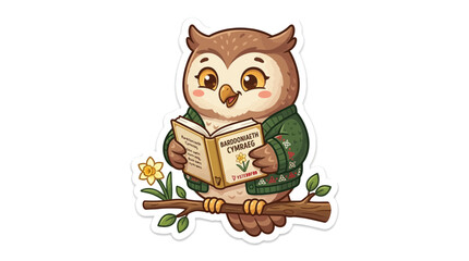 Cute Wise Owl Character Wearing a Green Sweater Reading a Book While Perched on a Branch
