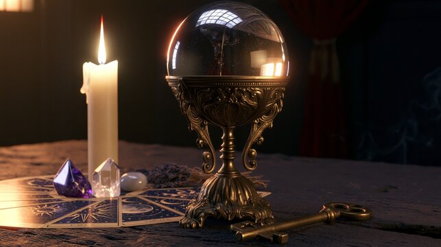 Crystal ball with candles and divination astrology symbols