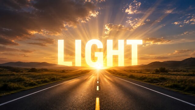 The word &ldquo;LIGHT&rdquo; shines over an open road, symbolizing hope, guidance, positivity, new beginnings, and endless possibilities for everyone ahead.