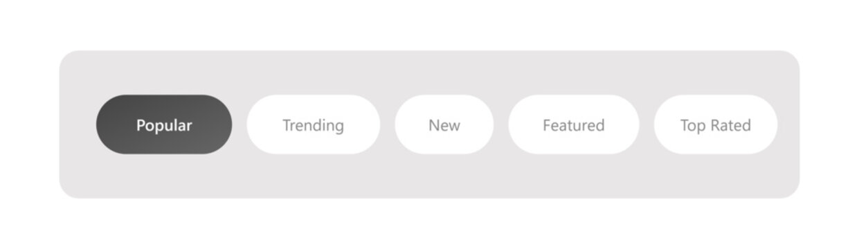 Minimalist UI filter buttons for web navigation, modern interface tag set with popular and trending labels, clean grey website navigation elements