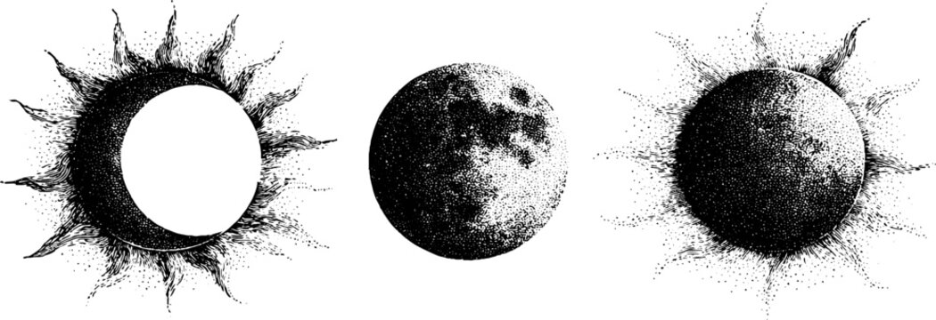 Set of three solar eclipse silhouettes with corona spikes black halftone textures for poster background and educational design