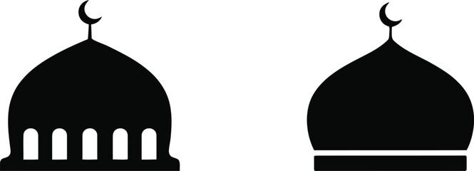 Two black silhouette mosque domes with crescent moons  mosque dome silhouette © SUMAIA
