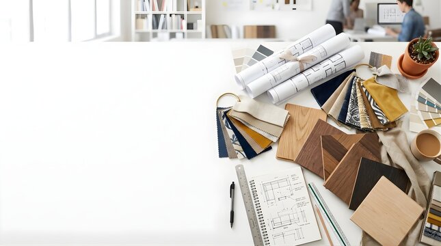 Interior design project workspace with blueprints and material samples