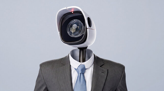 A surveillance security camera replaces the head of a businessman in a suit and tie, symbolizing corporate monitoring and data privacy concerns.