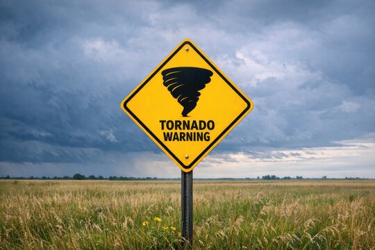 A yellow tornado warning sign stands out against a green field, alerting people to potential danger