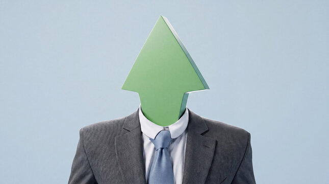 A businessman in a suit has a large green arrow pointing upwards in place of his head, symbolizing progress and success.