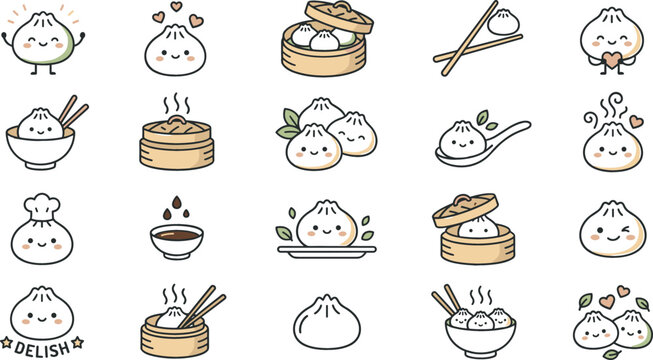 Minimalist bao dim sum dumpling cartoon character icon set with bamboo steamers chopsticks and bowls for asian restaurant menu branding and graphic design elements
