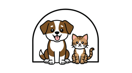 Obraz premium Cute cartoon cat and dog illustration showing love and friendship, a happy animal concept with adorable pets