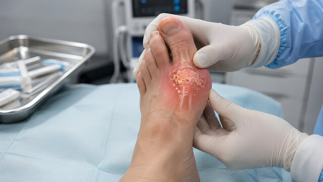 Big toe gout treatment procedure with urate crystal deposits around the inflamed joint, photorealistic clinical image for healthcare education, patient communication, and rheumatology clinic use