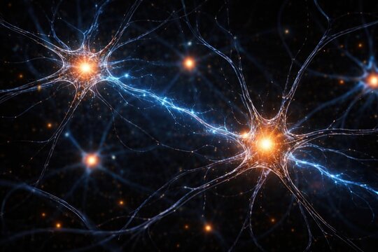 Neurons Communicating with Electric Signals - Dark Background, Abstract Illustration, Glowing Effect