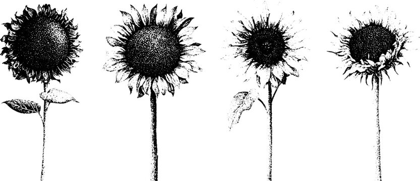 Monochrome sunflower engraving illustration set with detailed seed patterns for botanical design background and poster