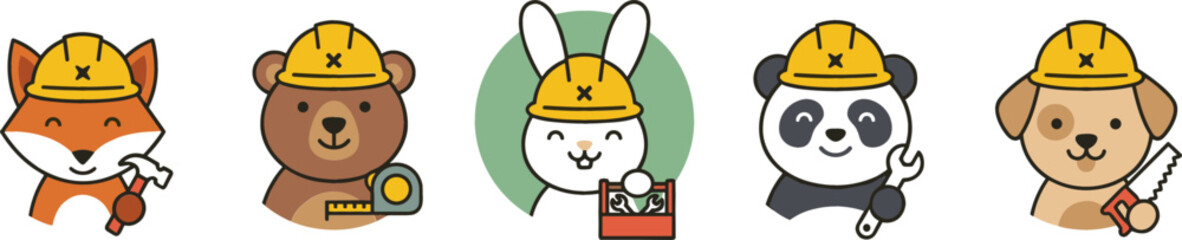 Minimalist cute animal construction avatar icon set with cartoon fox bear bunny panda and dog builders for children education mobile app UI design © AdhinChandra