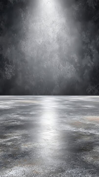 A dark, grunge-style studio backdrop featuring a textured concrete floor and a wall illuminated by a central overhead spotlight.