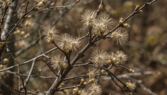 Delicate Flowering Branch with Spiky Seed Pods Against a Blurred Background
