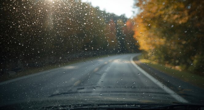 Scenic Autumn Drive on a Rainy Day with Water Droplets on the Windshield