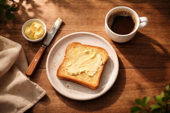 Buttered Toast on a Plate with Coffee and Butter in Natural Light