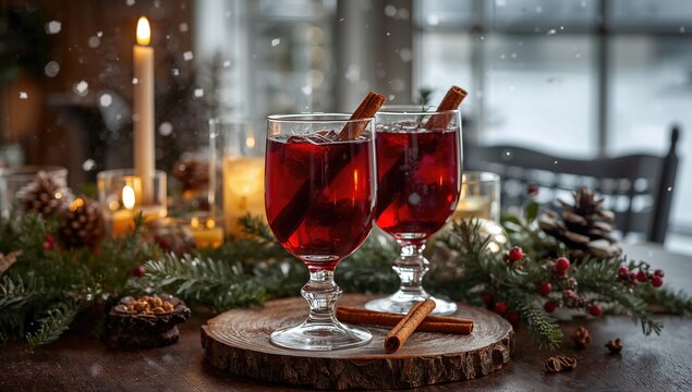 Festive Winter Cocktails with Cinnamon Sticks on Wooden Board Surrounded by Holiday Decor