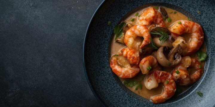 Shrimp Dish with Mushrooms and Herbs in a Dark Bowl
