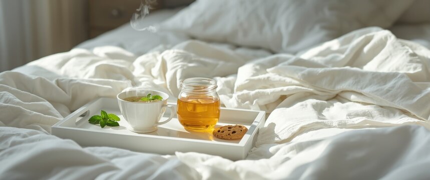 Cozy Breakfast Tray with Tea and Cookies on a Bed in Soft Morning Light