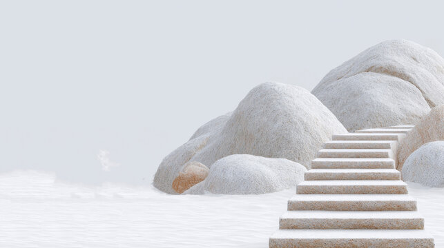 A set of clean, minimalist stone steps leading up toward smooth white boulders against a soft, pale background.