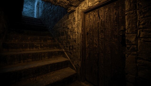 Sinister basement interior featuring a cracked wooden cellar door and old stone steps