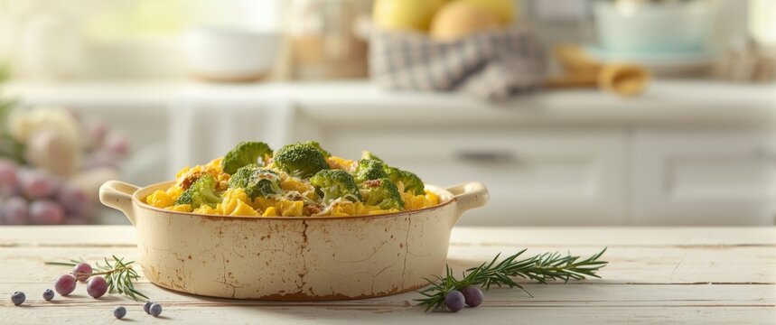 Baked Broccoli and Pasta Dish in a Rustic Casserole on a Wooden Table