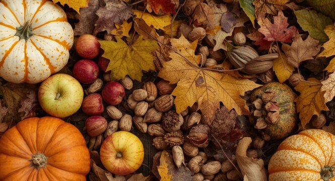 Autumn Harvest Display with Pumpkins Apples Nuts and Colorful Leaves