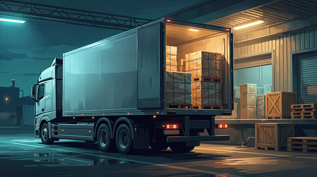 A semi-truck is parked at a loading dock at night, its trailer open and filled with stacked boxes on pallets.