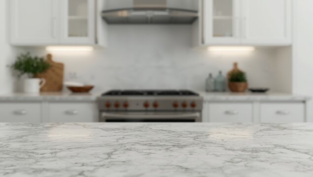 Marble Kitchen Counter with Blurred Background of Modern Cooking Space
