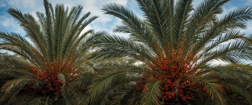 Date Palm Trees with Ripe Dates Against a Blue Sky