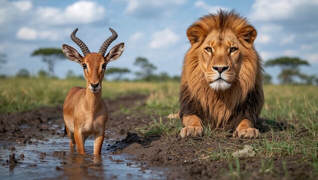 Lion and Gazelle Resting Together in a Savanna Landscape with Dramatic Sky