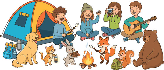 Cute cartoon people and animals camping outdoor campfire scene with tent guitar fox bear and dog vector, © MdBarat
