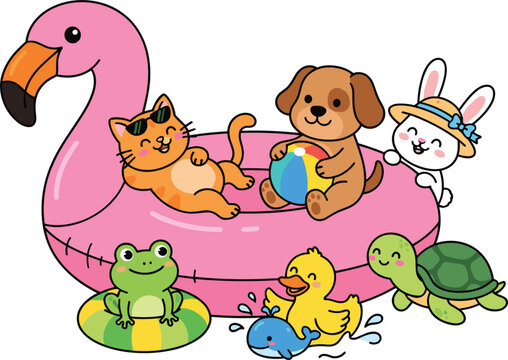 Cute cartoon animals summer pool party collection with pink flamingo float cat dog rabbit and frog vector,