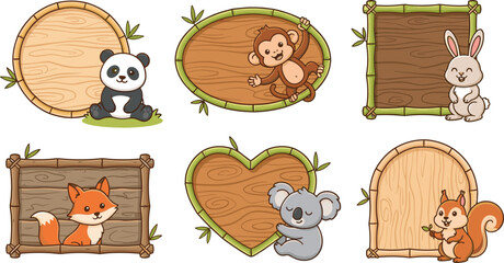 Cute cartoon animals with wooden and bamboo frames collection panda monkey rabbit fox koala and squirrel vector, © MdBarat
