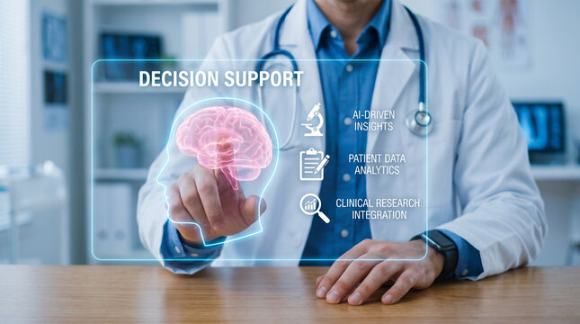 Professional doctor interacting with a holographic brain interface for advanced medical decision support and modern healthcare diagnostics in clinical office settings