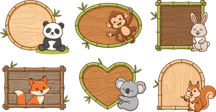 Cute cartoon animals with wooden and bamboo frames collection panda monkey rabbit fox koala and squirrel vector,